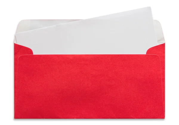 Enveloppe rouge ouverte avec lettre vierge isolée sur fond blanc — Photo