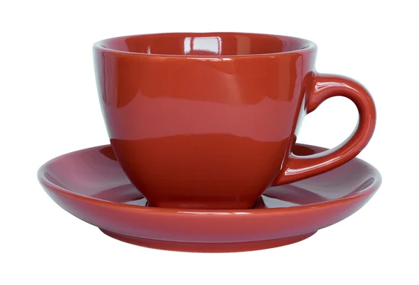 Taza roja vacía y platillo aislado en blanco con camino de recorte —  Fotos de Stock