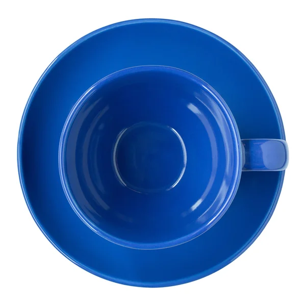 Empty blue cup and saucer top view isolated on white — Stock Photo, Image