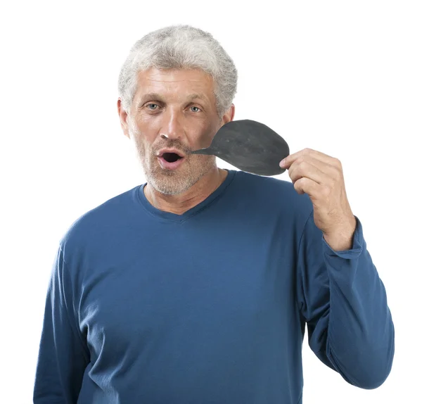 Hombre hablando con una pegatina sobre un fondo blanco aislado —  Fotos de Stock