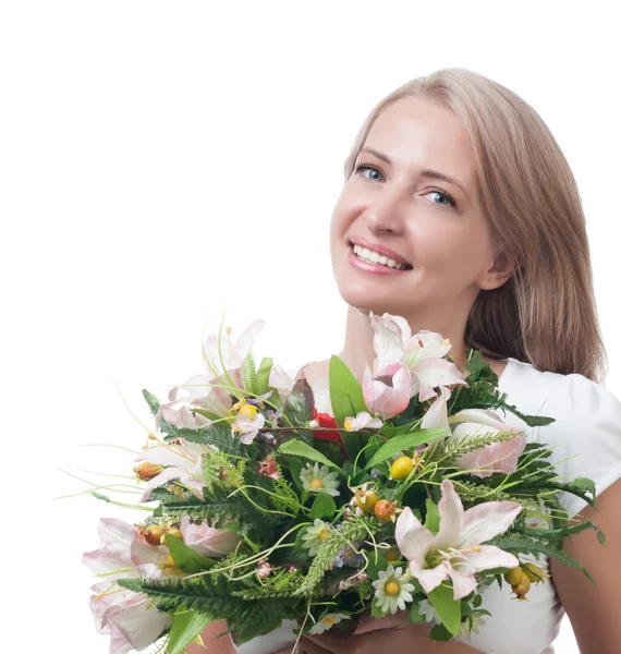 白い背中に分離された花の花束を持つ美しい女性 — ストック写真