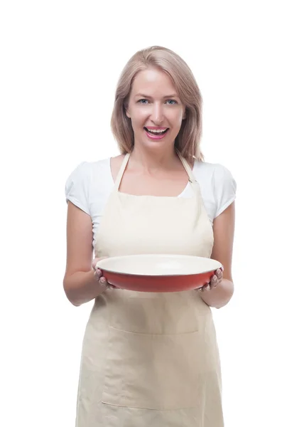 Piękna kobieta trzyma naczynie na smaczny posiłek — Zdjęcie stockowe
