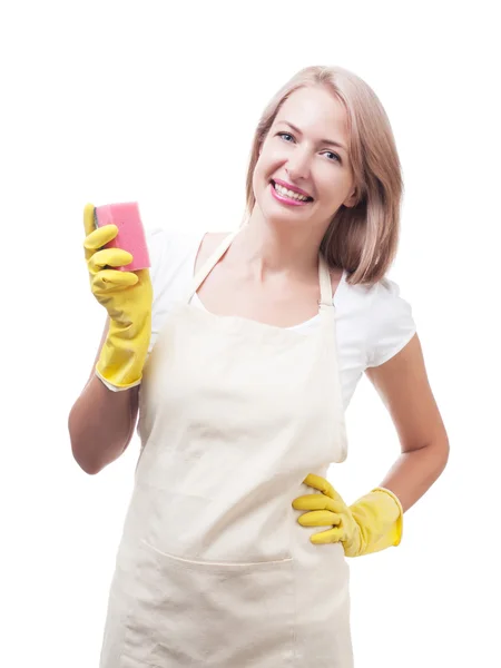 Mooie vrouw doen van huishoudelijk werk in handschoenen met spons geïsoleerde o — Stockfoto