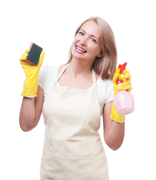 Mooie vrouw doen van huishoudelijk werk in handschoenen met spons geïsoleerde o — Stockfoto