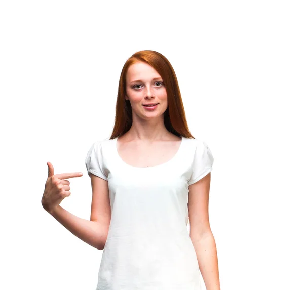 Beautiful girl shows white T-shirt. Isolated on white background — Stock Photo, Image