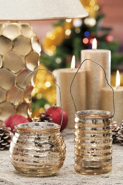 Closeup of colored Christmas candles on colored background — Stock Photo, Image