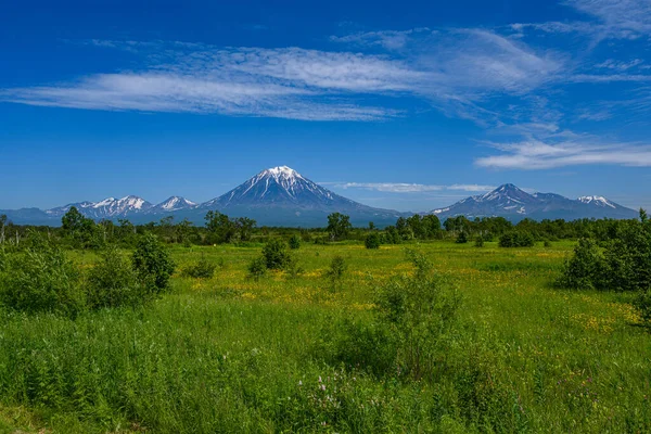 Vista Panorámica Ciudad Petropavlovsk Kamchatsky Volcanes Volcán Koryaksky Volcán Avacha — Foto de Stock