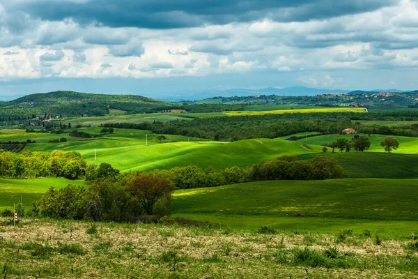 Toscana Vår Böljande Kullar Och Väderkvarn Vid Solnedgången Landsbygd Gröna — Stockfoto