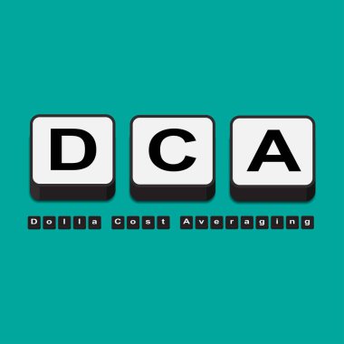 Dolar maliyet ortalaması (DCA) yatırım stratejisi kavramı, arkaplanda alfabe izole edilmiş küp tahta blok.