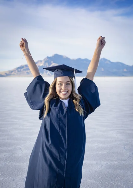 Happy Young Girl Celebrating Graduation Salt Flat Desert — Stock Photo, Image