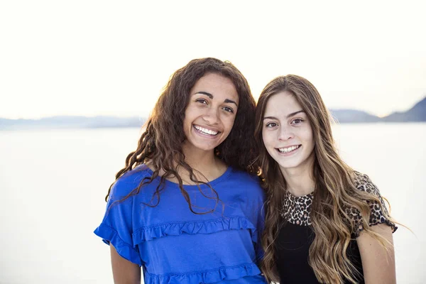 Portrait Young Girls Standing Together Salt Flat Desert — Stock Photo, Image