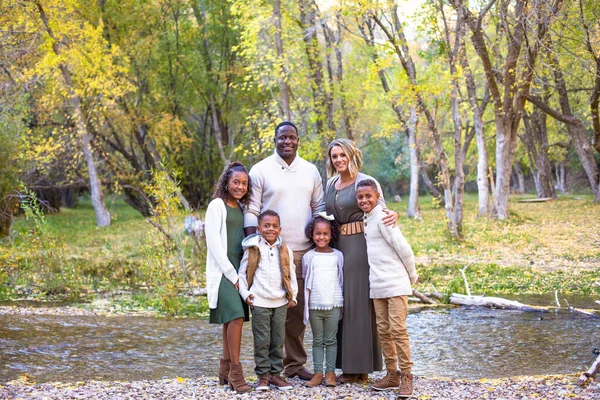 Niedliche Gemischte Rasse Familienporträt Freien Zusammenstehen Der Natur Mit Den — Stockfoto