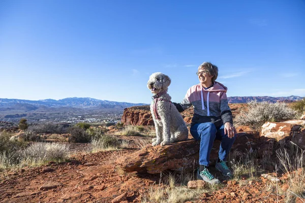 Feliz Mujer Mayor Una Caminata Aire Libre Con Perro Disfrutando —  Fotos de Stock