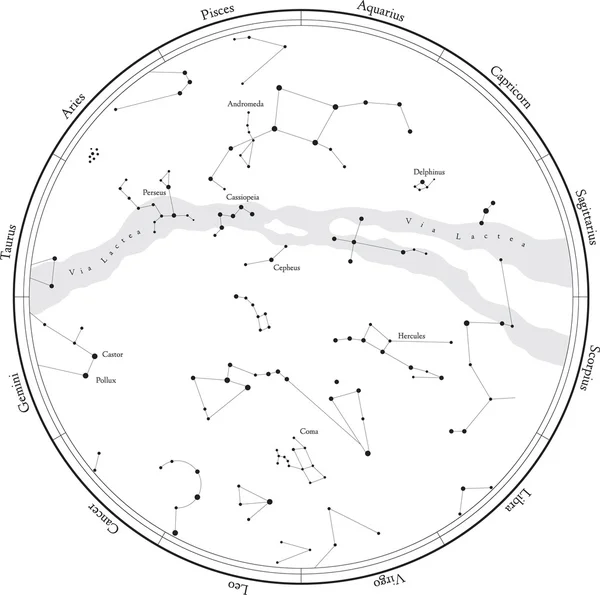 Mapa de estrellas del Zodíaco con constelaciones — Vector de stock