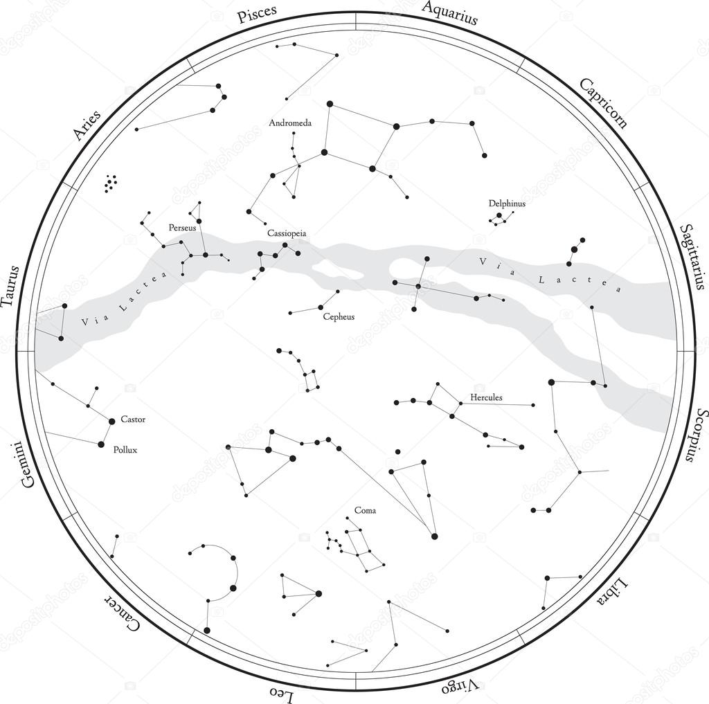 Zodiac star map with constellations