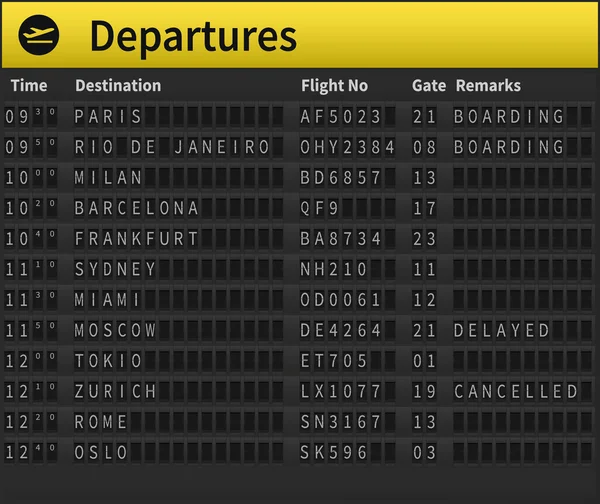 Flygplats tidtabell som visar avgångs destinationer — Stock vektor