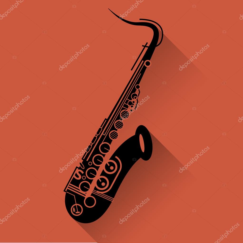 Saxophone instrument icon, flat style. Saxophone black on yellow background. Jazz music concept, saxophone icon for UI and web in red.