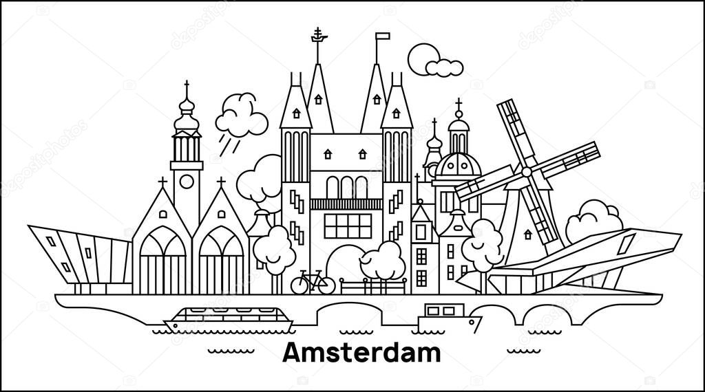 Amsterdam City Outline Skyline in minimal outline style