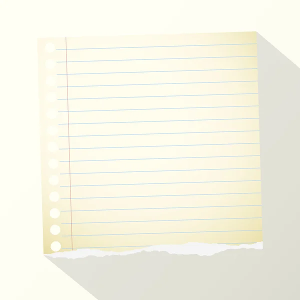 Pedazo de papel de cuaderno forrado amarillo desgarrado sobre fondo claro — Vector de stock