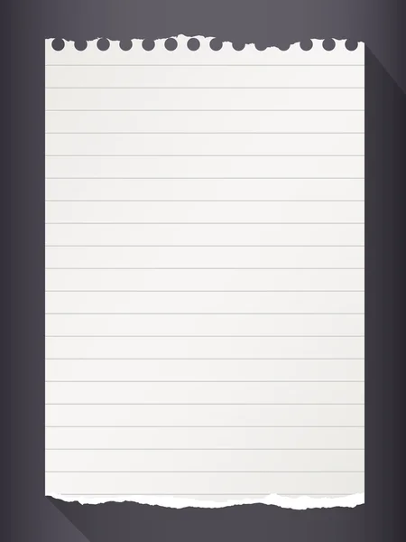 Pezzo di carta stracciata bianca foderato notebook su sfondo nero — Vettoriale Stock