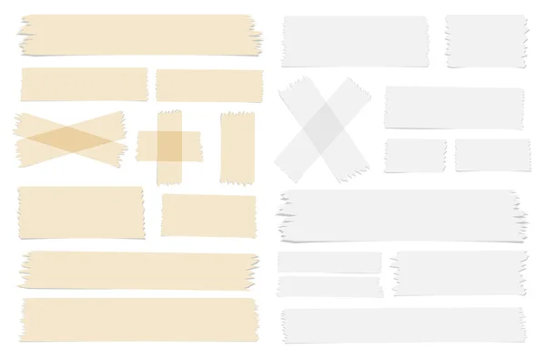 Símbolos y diferentes tamaños pegajosos, piezas de cinta adhesiva sobre fondo blanco — Archivo Imágenes Vectoriales