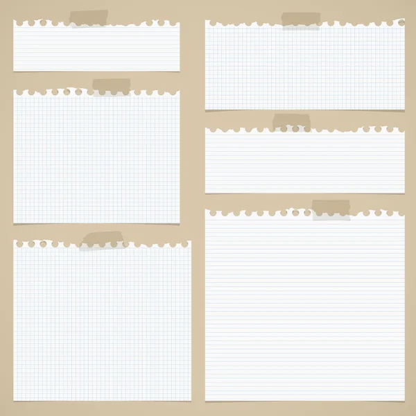 Pièces de papier pour ordinateur portable déchiré blanc doublé et carré avec du ruban adhésif sur fond brun — Image vectorielle