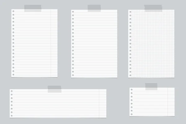 Pieces of white lined and squared notebook paper with sticky tape on gray background — Stock Vector