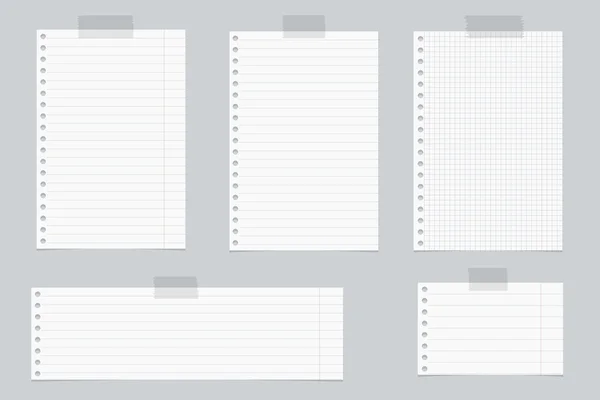 Des morceaux de papier pour ordinateur portable blanc doublé et carré avec du ruban adhésif sur fond gris — Image vectorielle