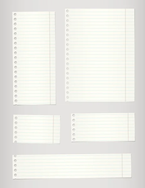 Set of torn notebook papers with lines and on gray background — Stock Vector