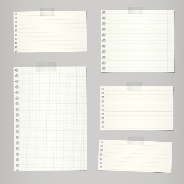 Conjunto de papeles de cuaderno rasgados con líneas y rejilla sobre fondo gris — Vector de stock