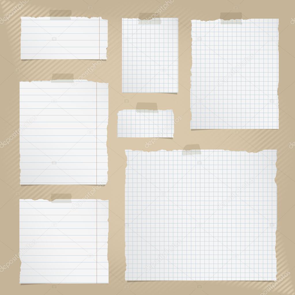 Pieces of torn white squared and lined notebook paper with sticky tape on brown striped background