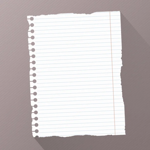 Pedazo de blanco roto en blanco forrado papel de cuaderno sobre fondo diagonal rayado oscuro — Vector de stock