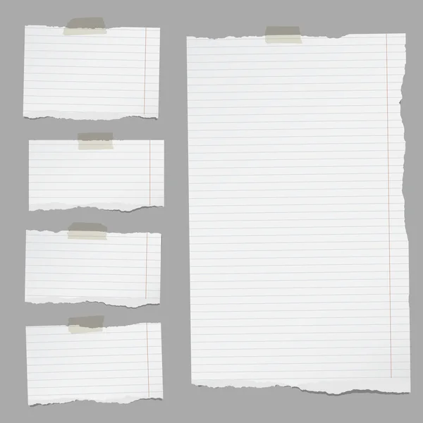 Trozos de papel de cuaderno rayado blanco desgarrado pegados sobre fondo gris — Vector de stock