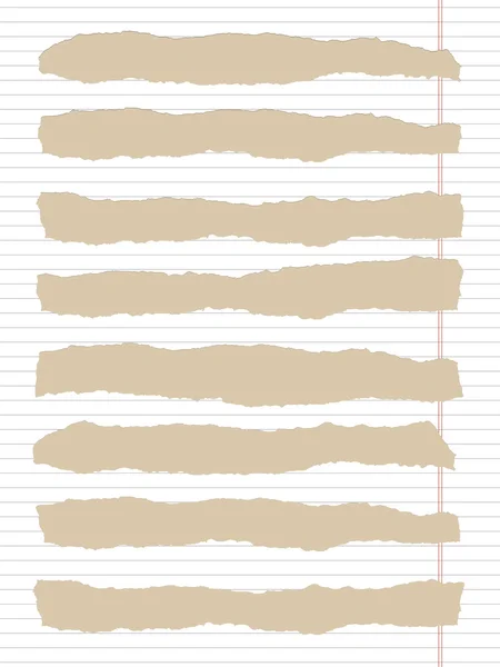 Slits vit linjerat papper med marginal och kopiera utrymme, klistras på brun bakgrund — Stock vektor