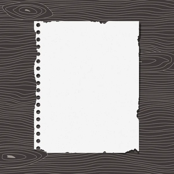 Piece of torn white notebook grainy paper is sticked on dark wooden wall or desk — Stock Vector