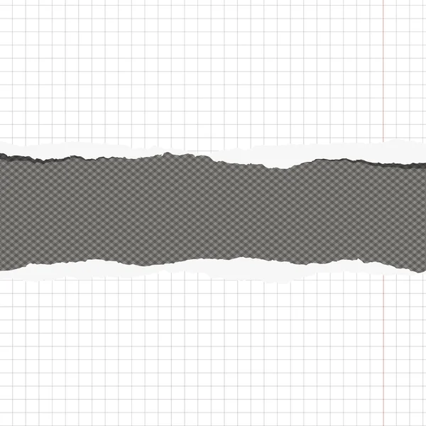 Stücke zerrissenes weißes kariertes Notizbuch mit Rand und Kopierraum auf grauem Hintergrund aufgeklebt — Stockvektor