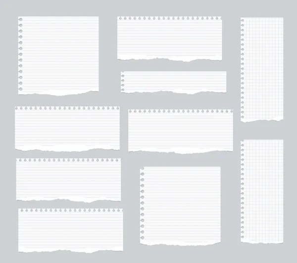 Pedaços de papel branco rasgado forrado, quadrado caderno estão presos no fundo cinza — Vetor de Stock