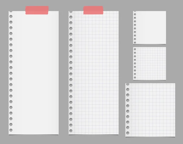 Pedaços de papel branco rasgado ao quadrado do caderno estão presos no fundo cinza — Vetor de Stock