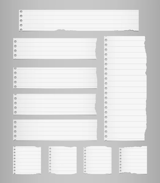 Pieces of torn white lined notebook paper are stuck on gray background — Stock Vector