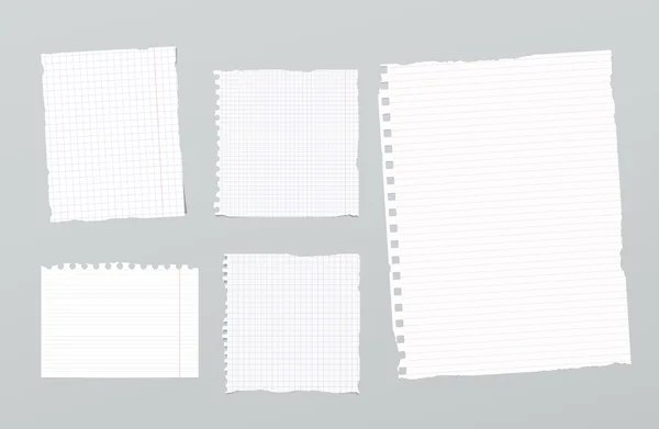 Yırtık beyaz ve farklı büyüklükte parçalara kaplı, defter kağıt gri arka plan üzerinde kare — Stok Vektör