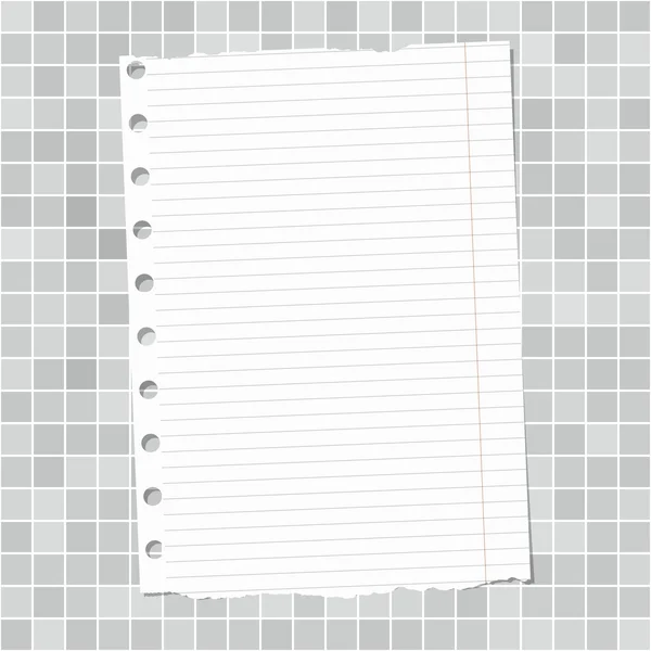 Ripped white lined notebook paper is stuck on light gray wall — Stock Vector