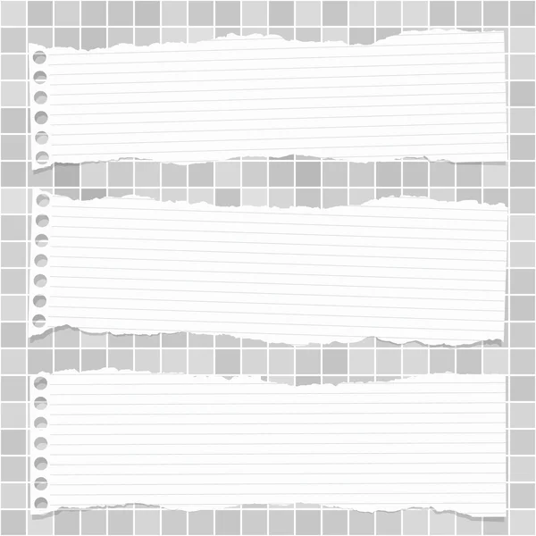 Kousky roztrhané bílé linkovaný papír uvízl na šedé čtvercový vzor, na zeď — Stockový vektor