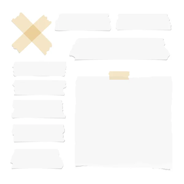 Pieces of ripped blank note paper, sticky, adhesive tapes are stuck on white wall — Stock Vector