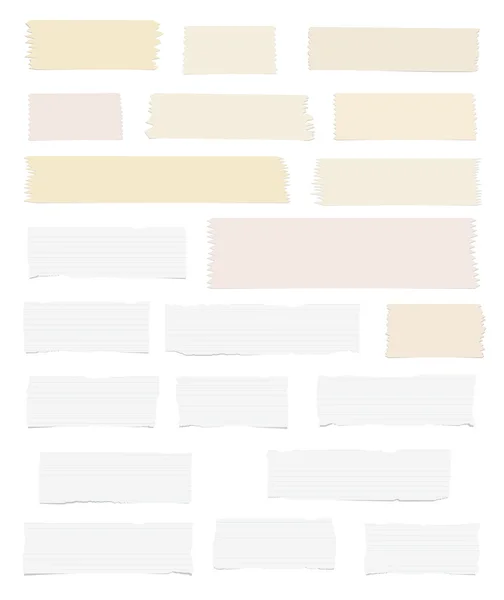 Pieces of ripped white, lined blank note paper, brown sticky, adhesive tapes are stuck on white wall — Stock Vector