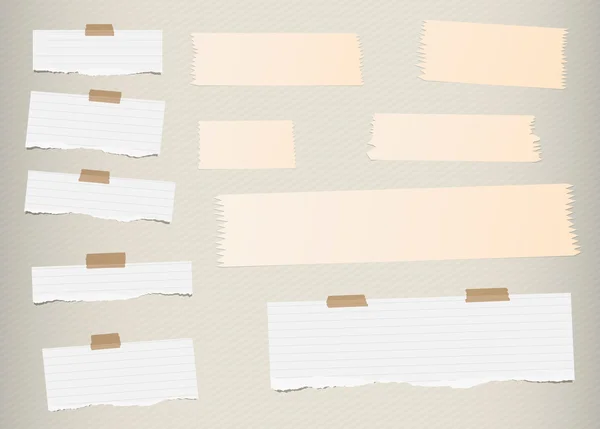 Pedaços de rasgado branco, papel de nota em branco forrado, marrom pegajoso, fitas adesivas são presos na parede padrão diagonal — Vetor de Stock