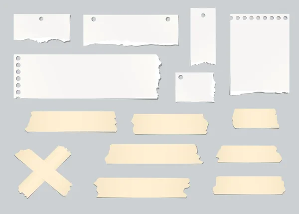 Pieces of ripped white blank note paper, masking tapes are stuck on gray background — Stock Vector