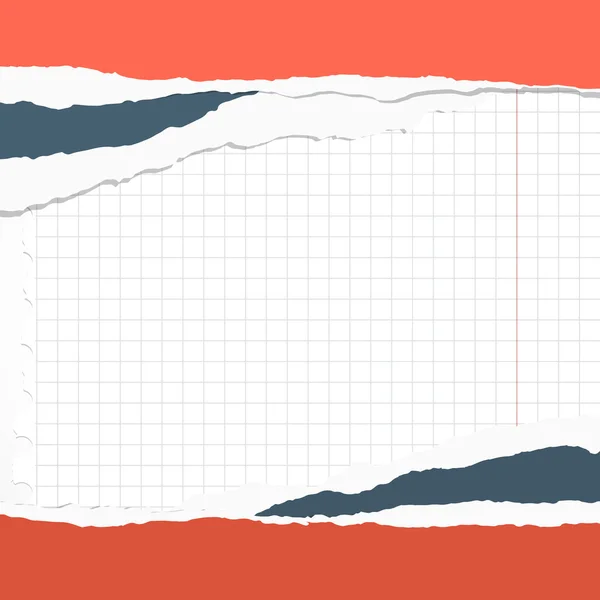 Piezas de papel desgarrado rojo, azul oscuro se pegan en hoja cuadrada del cuaderno — Archivo Imágenes Vectoriales