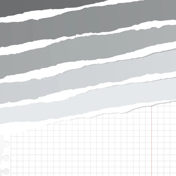 Pezzi di carta strappati grigi sono bloccati su foglio quadratino quadrato — Vettoriale Stock