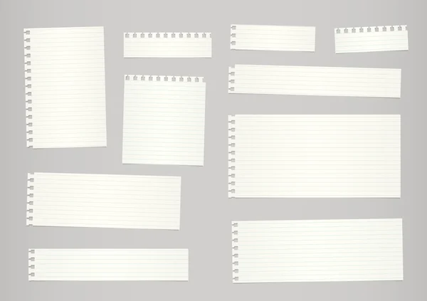 Stücke ausgeschnittenes beige liniertes Notizbuchpapier sind auf grauen Hintergrund geklebt — Stockvektor