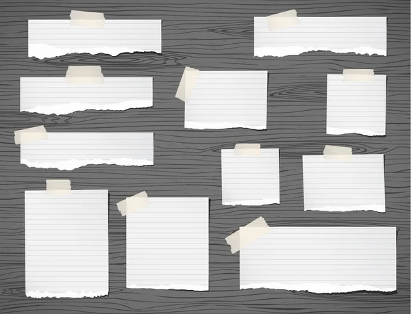 Set of pieces ripped white notebook paper are sticked on dark wooden wall or desk — Stock Vector